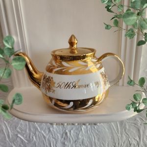 Vintage Gibson's Anniversary English Teapot in Gilded gold 50th anniversary.